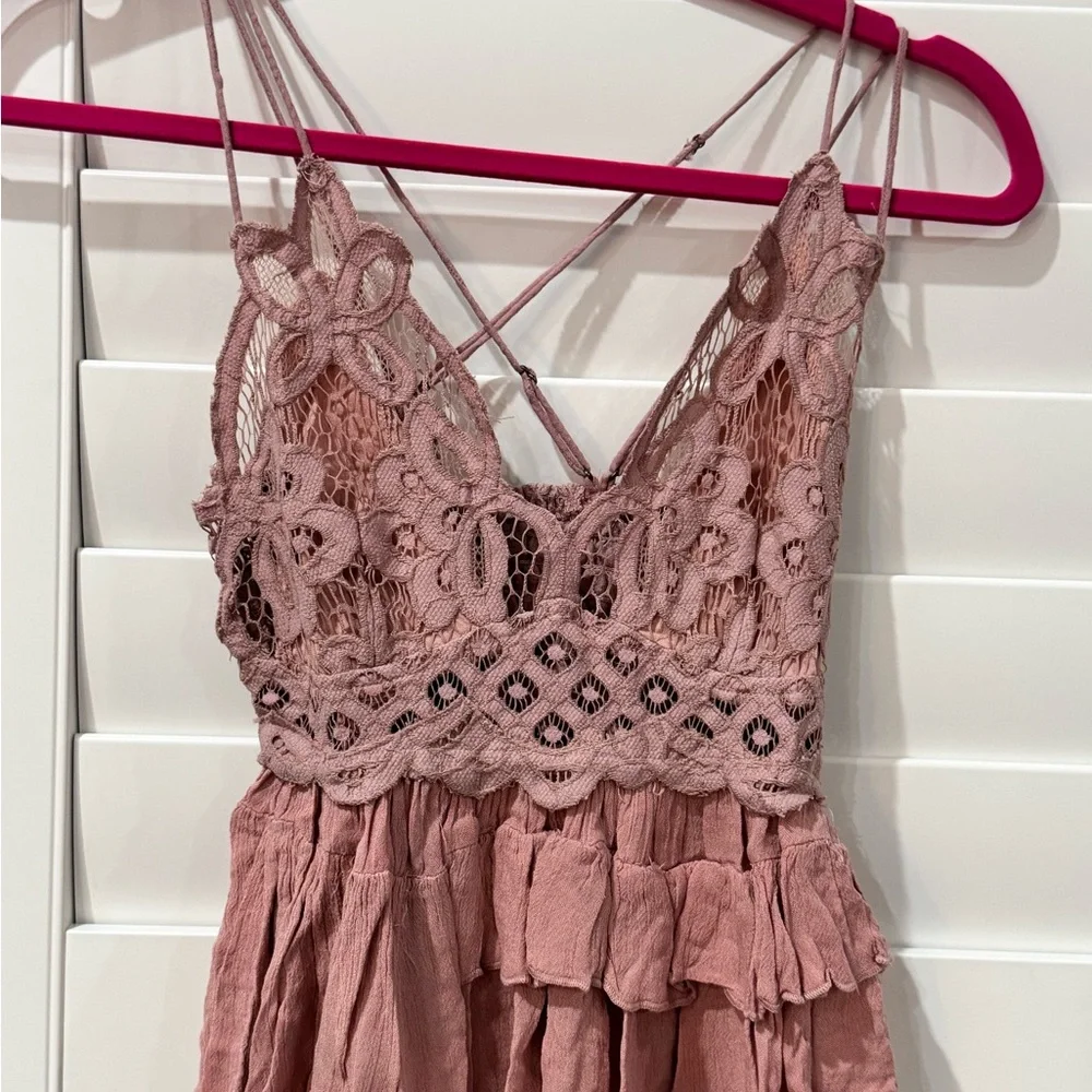 Free People Mauve Lace Smocked Tiered Camisole